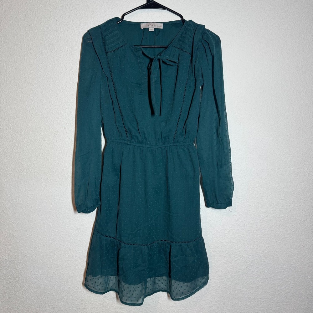 Loft A Line Dress Womens XS Petite Teal Swiss Dotβ Clip Pleated Keyhole Tie Neck
